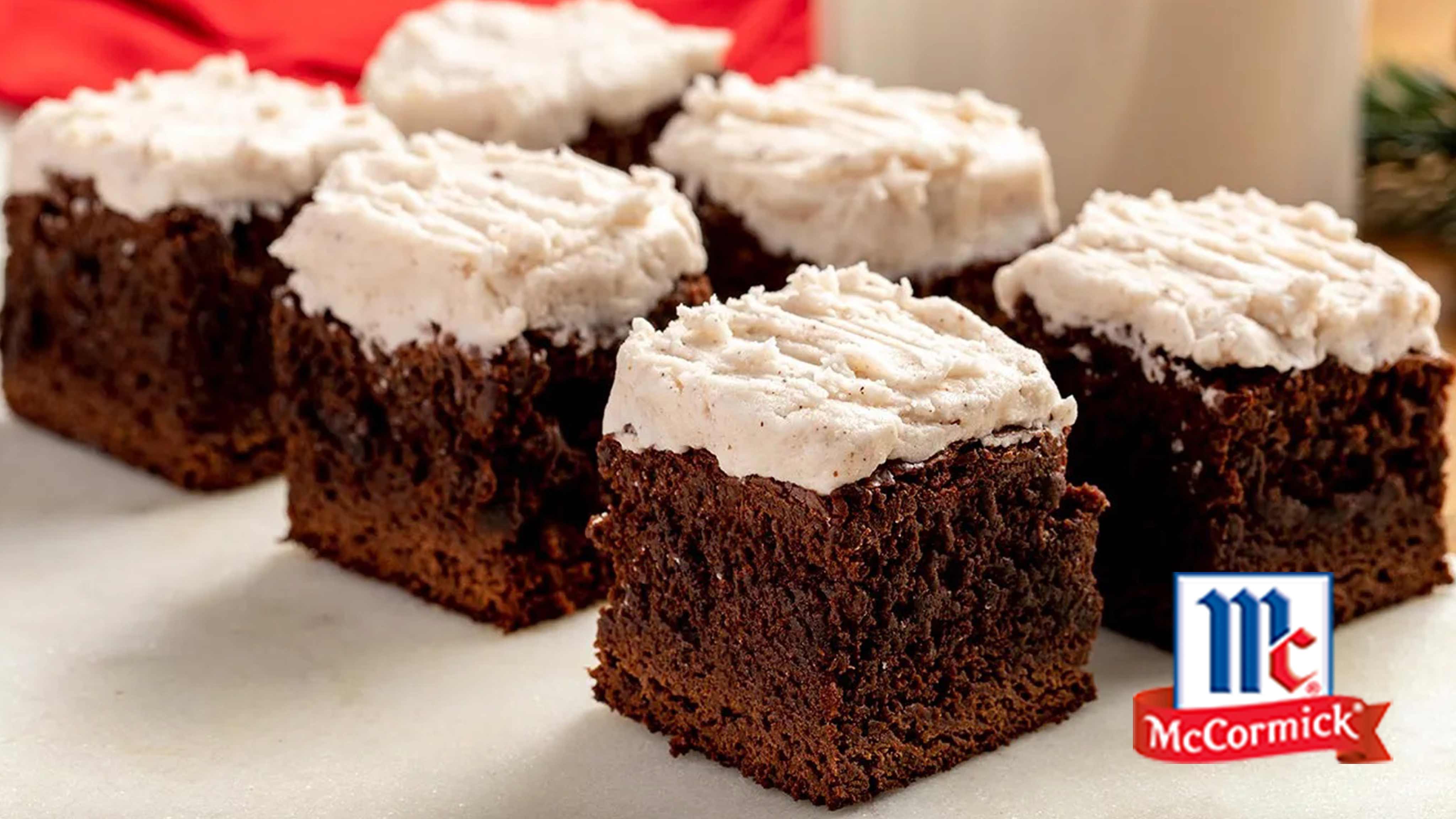 Image for Recipe The Home Edit's Easy Gingerbread Brownies with Eggnog Frosting