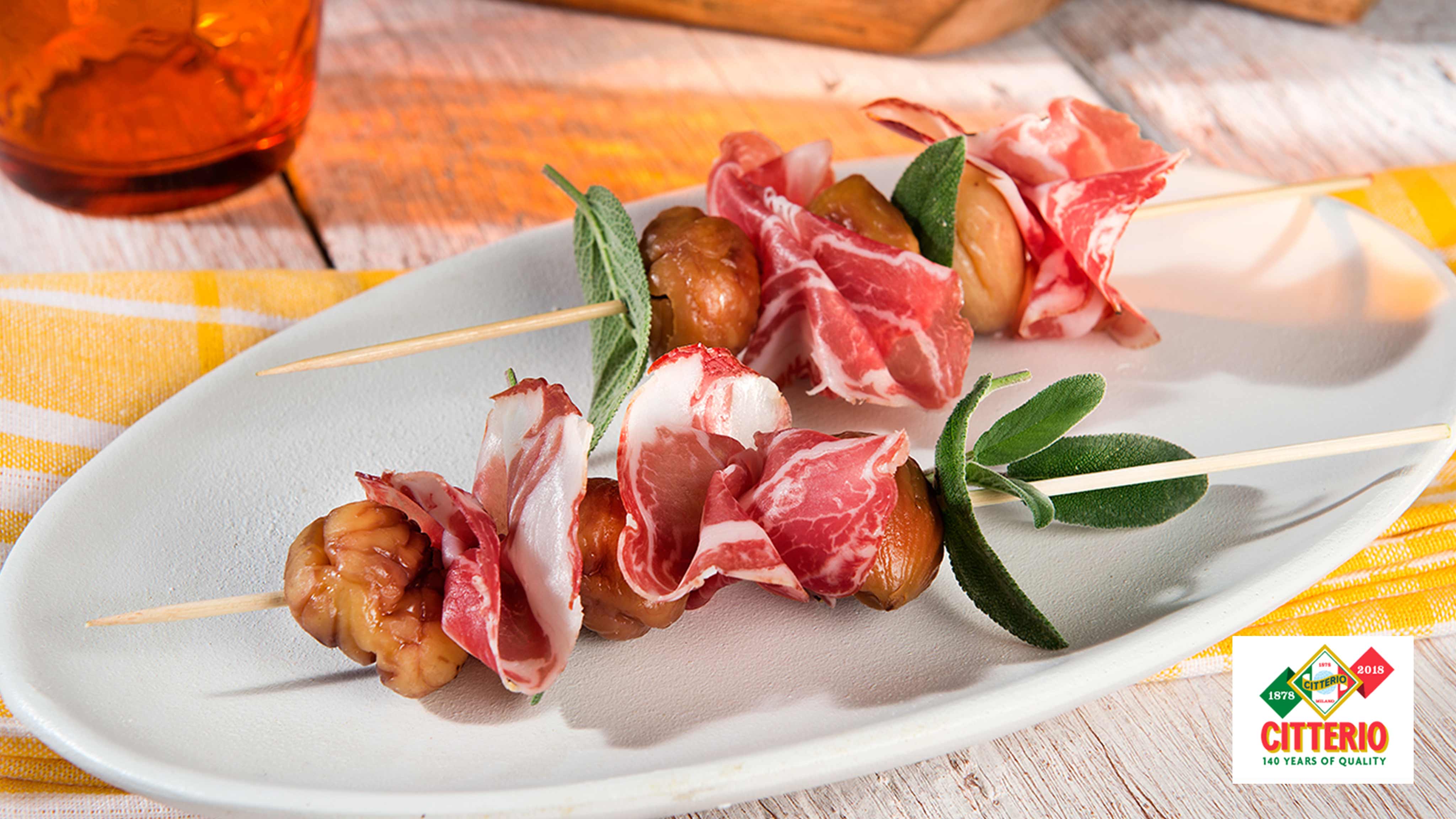 Image for Recipe Coppa Ham and Chestnut Skewers