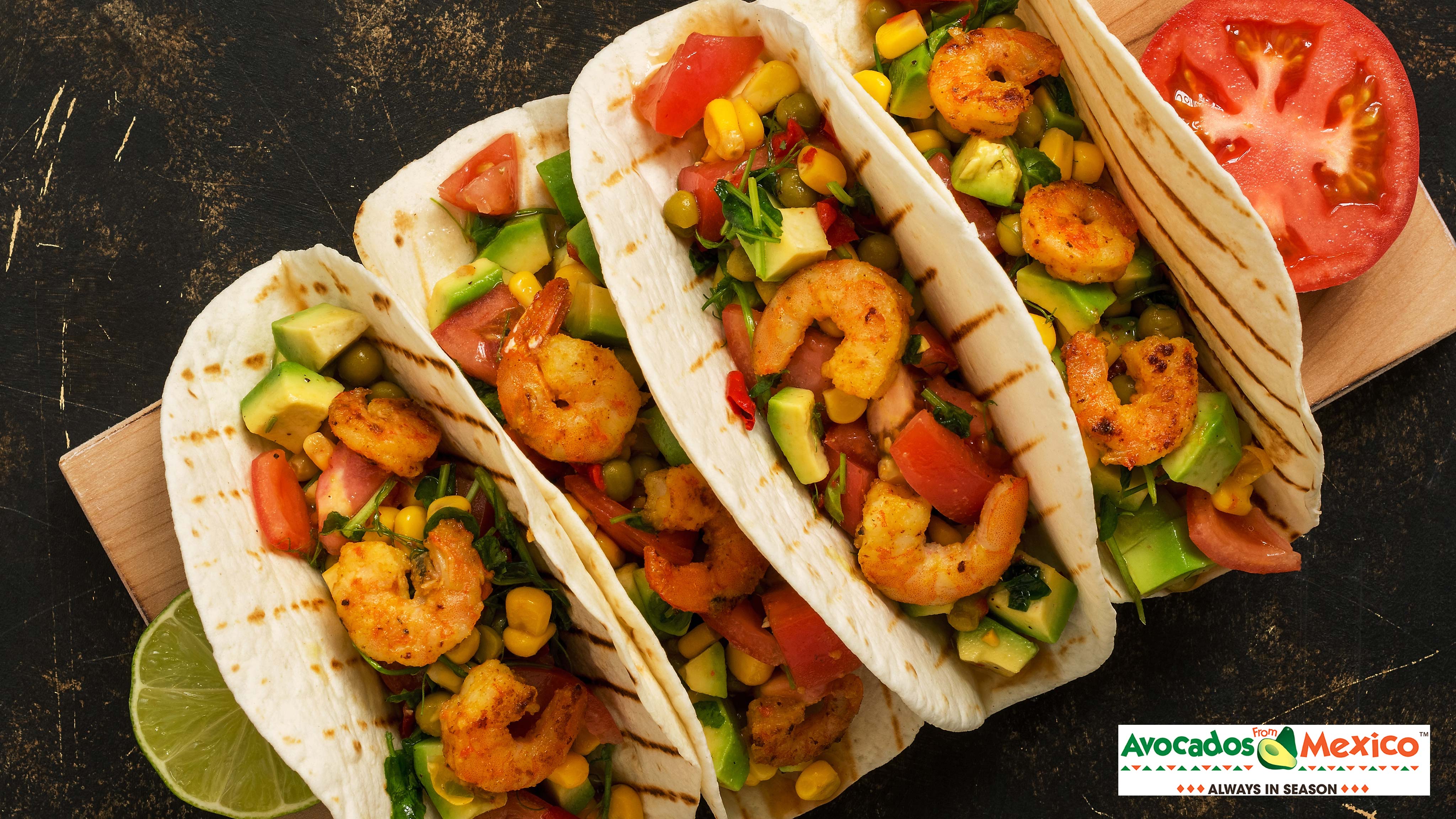 Image for Recipe Spicy Shrimp Tacos with Avocado Salsa and Sour Cream Cilantro Sauce