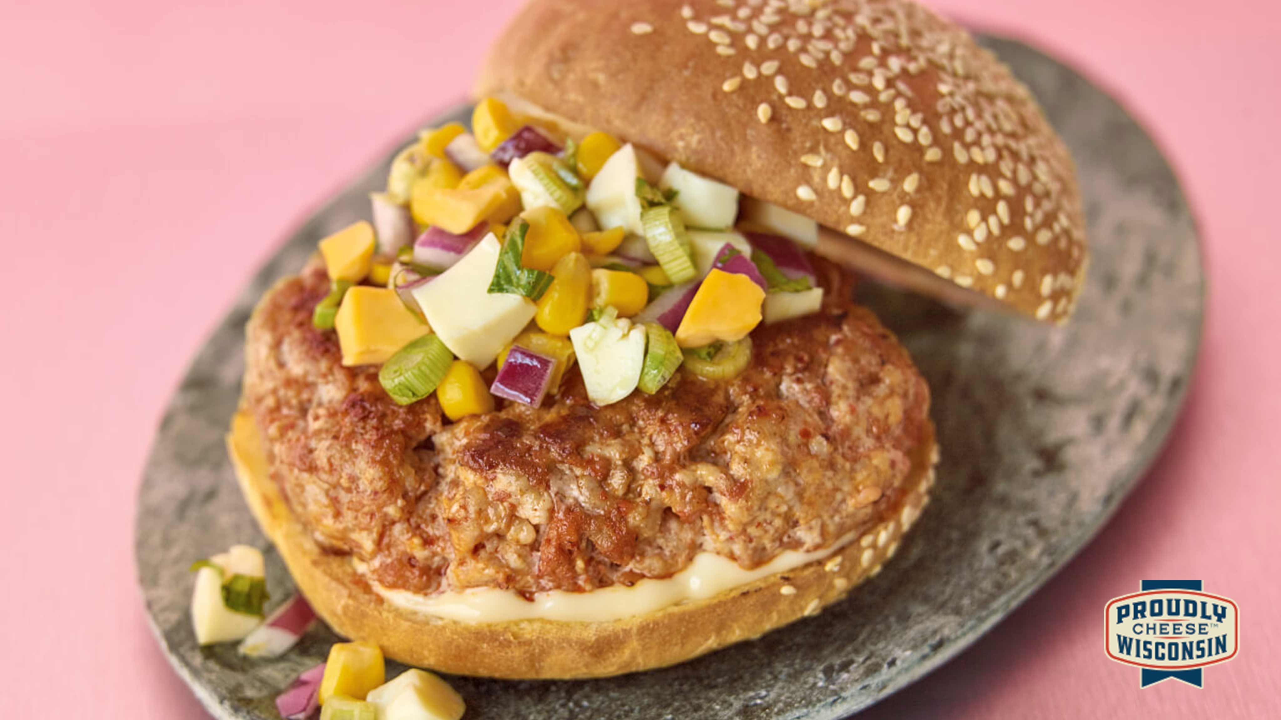 Image for Recipe Chorizo Burgers with Cheese Curd Corn Relish