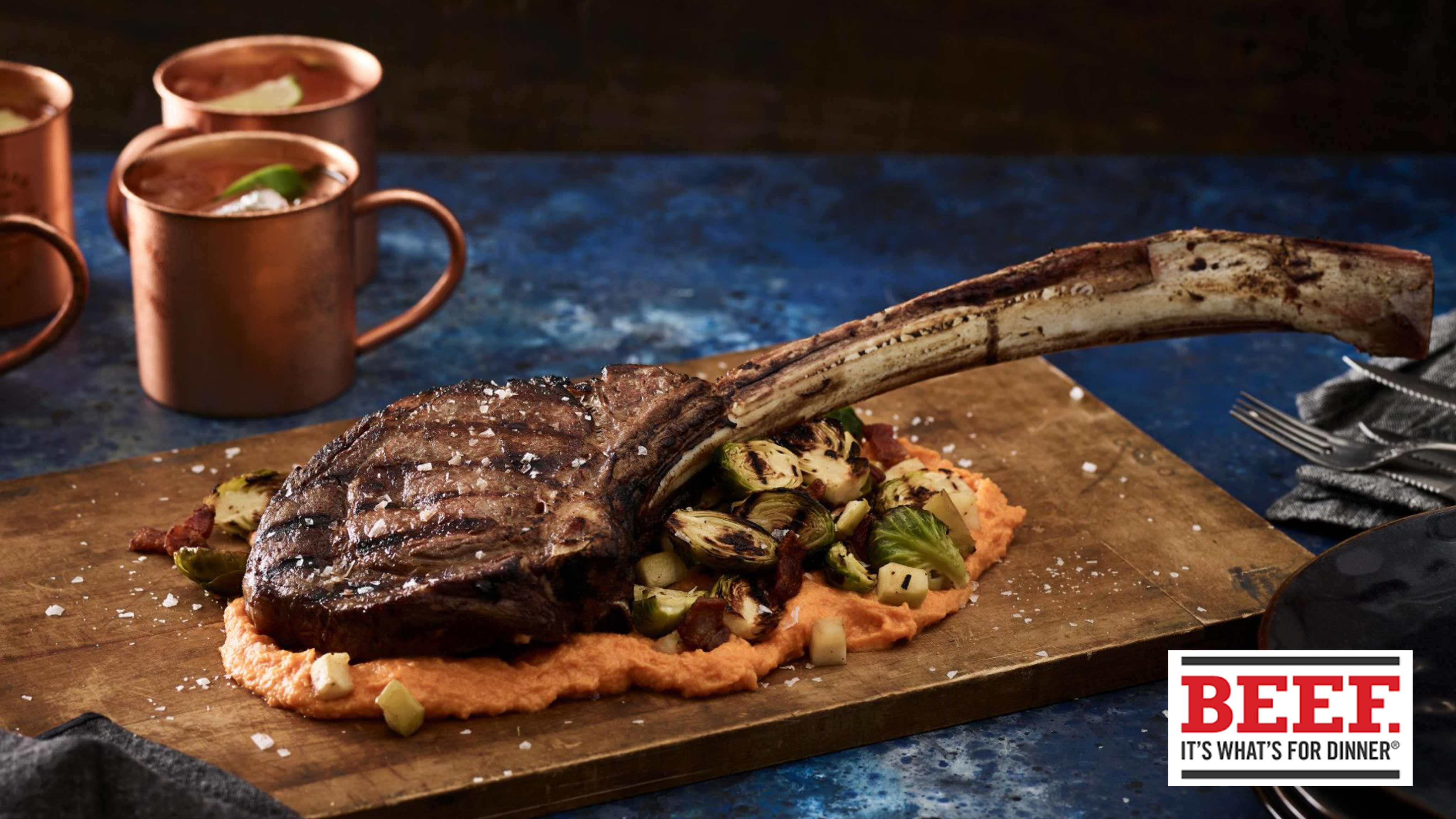 Image for Recipe Tomahawk Steak with Grilled Brussels Sprouts and Sweet Potato Puree