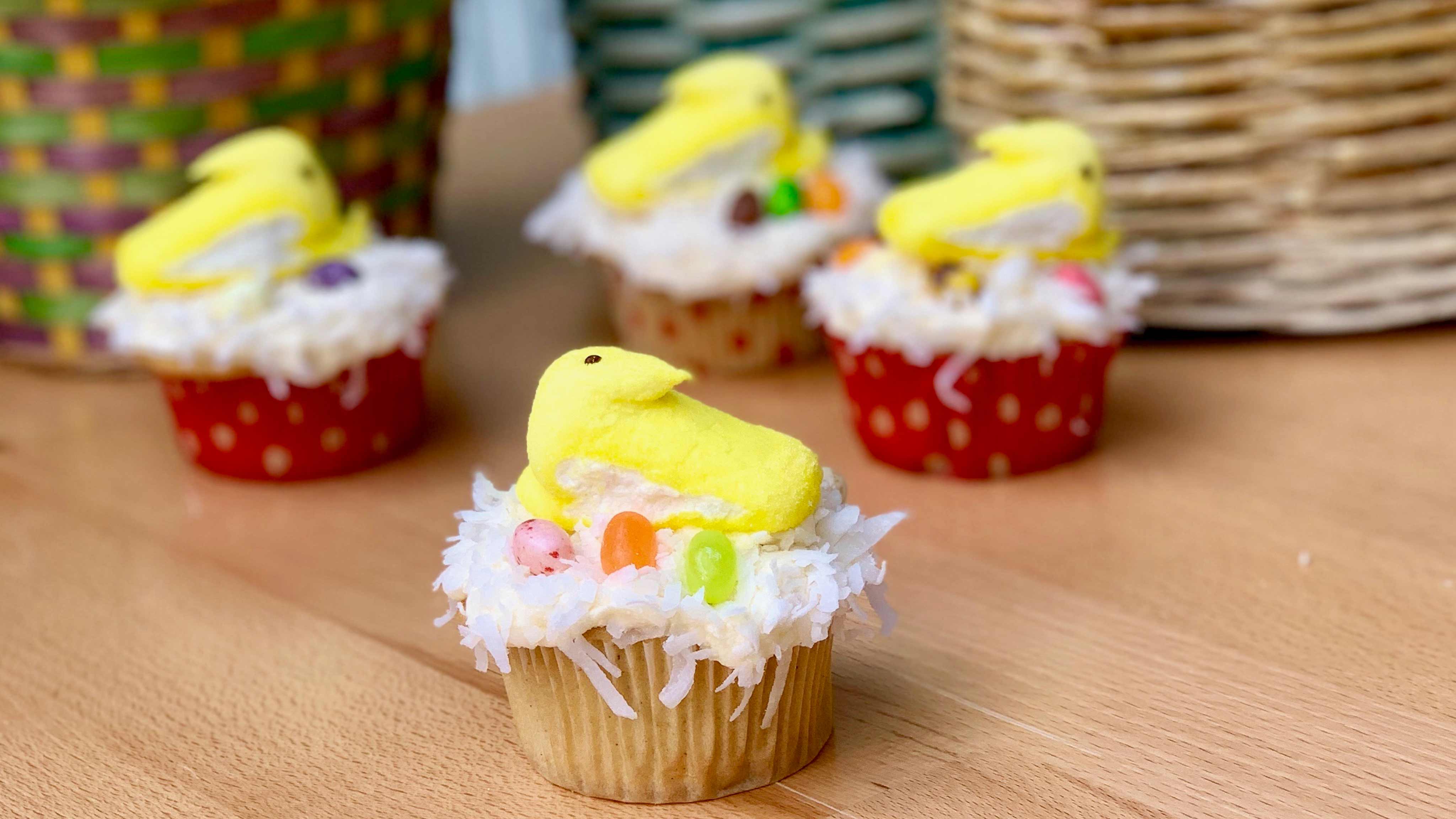 Image for Recipe Easter Jam Filled Vanilla Cupcakes with Coconut Frosting