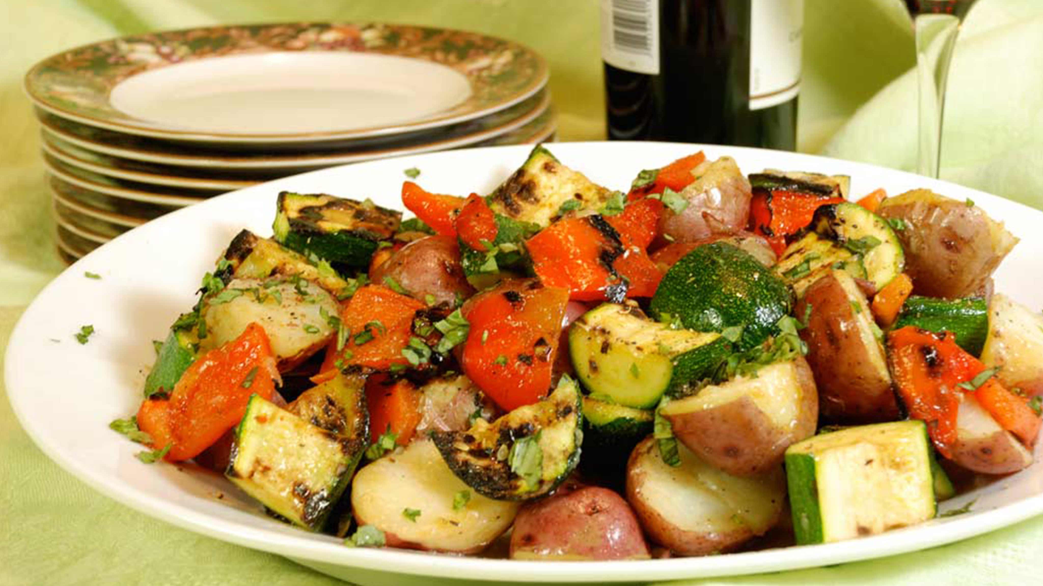 Image for Recipe Grilled Zucchini with Roasted Peppers and Potatoes