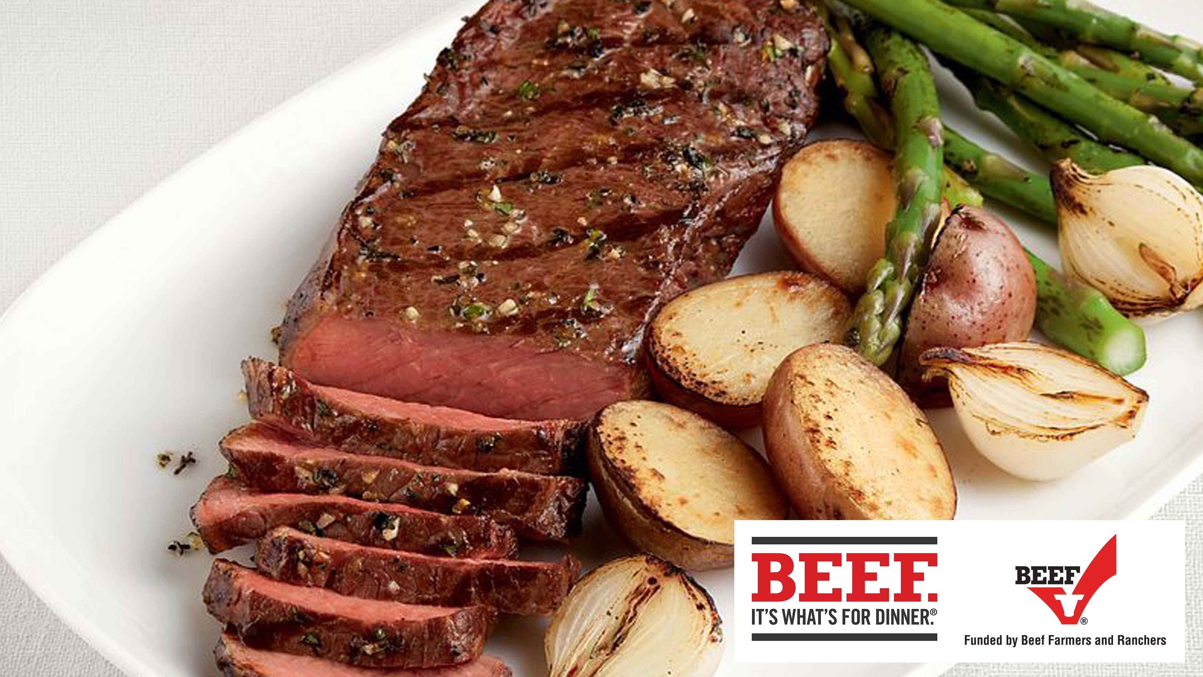 Image for Recipe Tender Pepper Rubbed Strip Steaks with Grilled Vegetable Trio