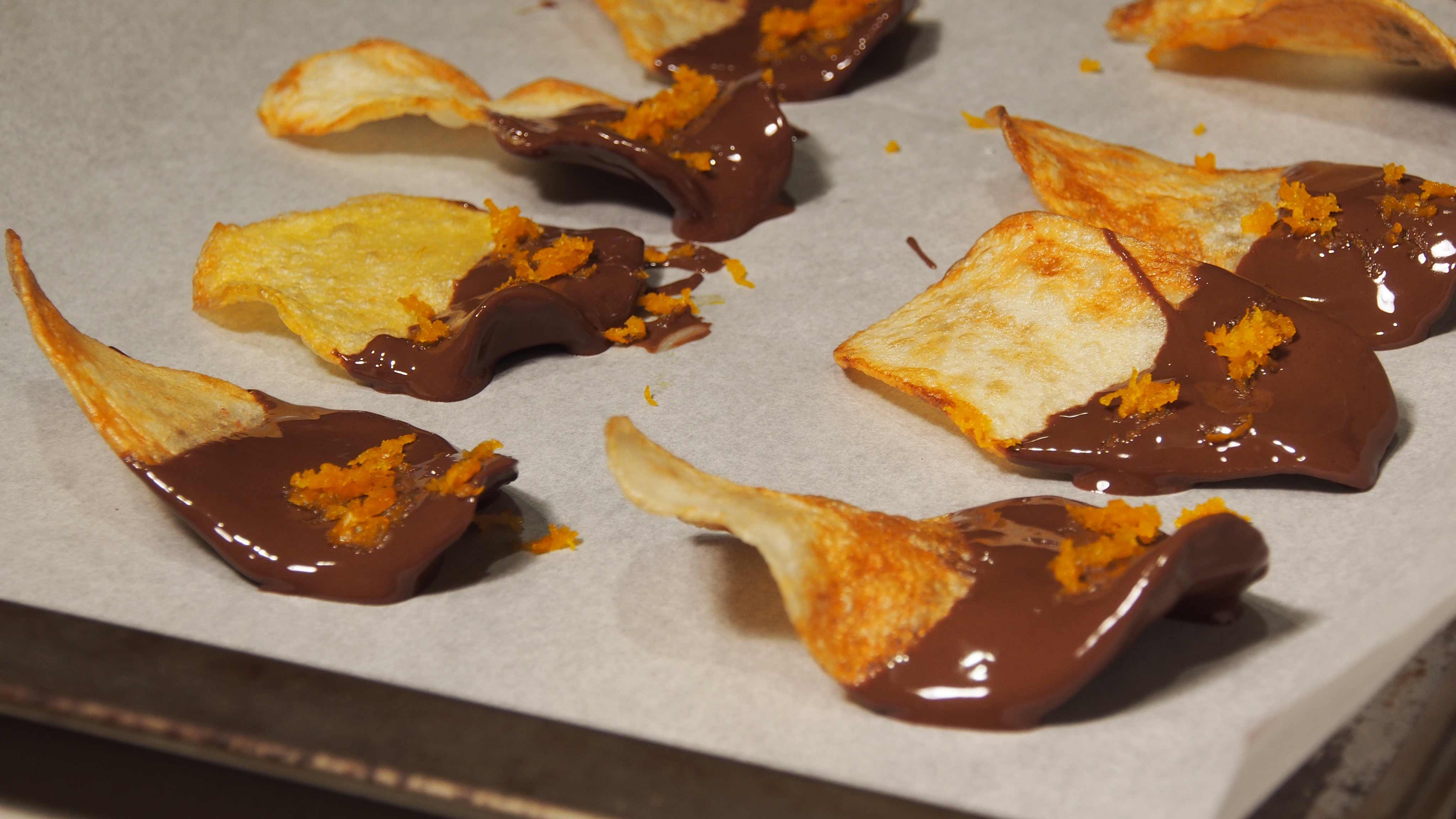 Image for Recipe Chocolate Dipped Potato Chips with Candied Blood Orange Zest