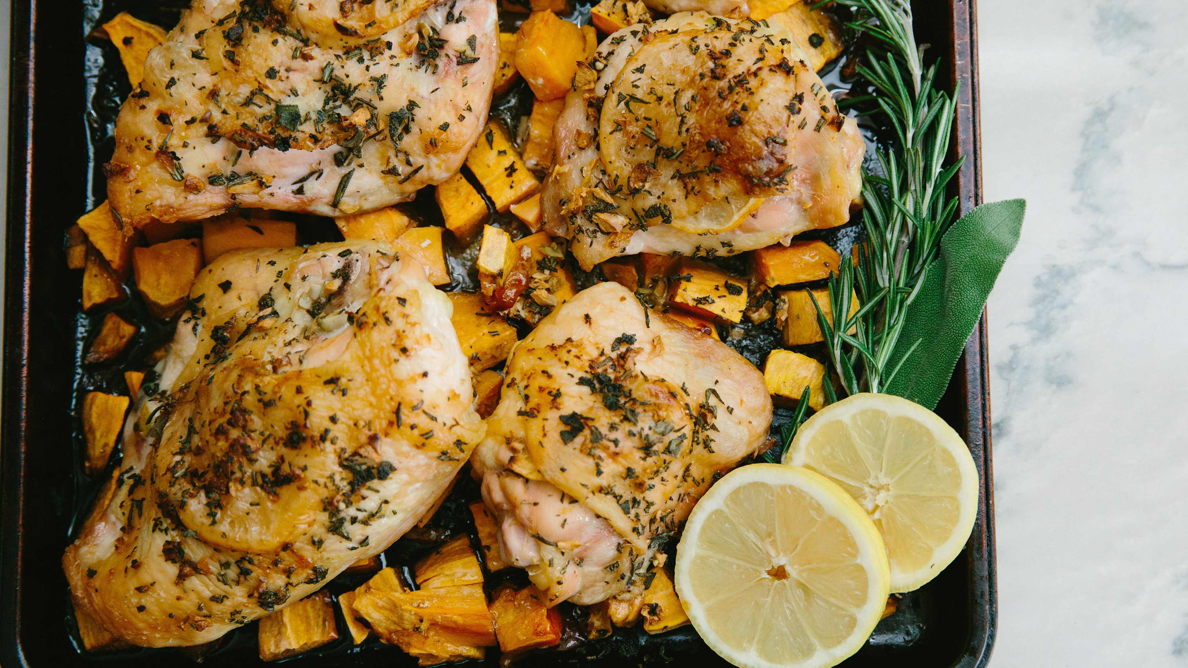 Image for Recipe Sage and Garlic Roast Chicken with Sweet Potatoes