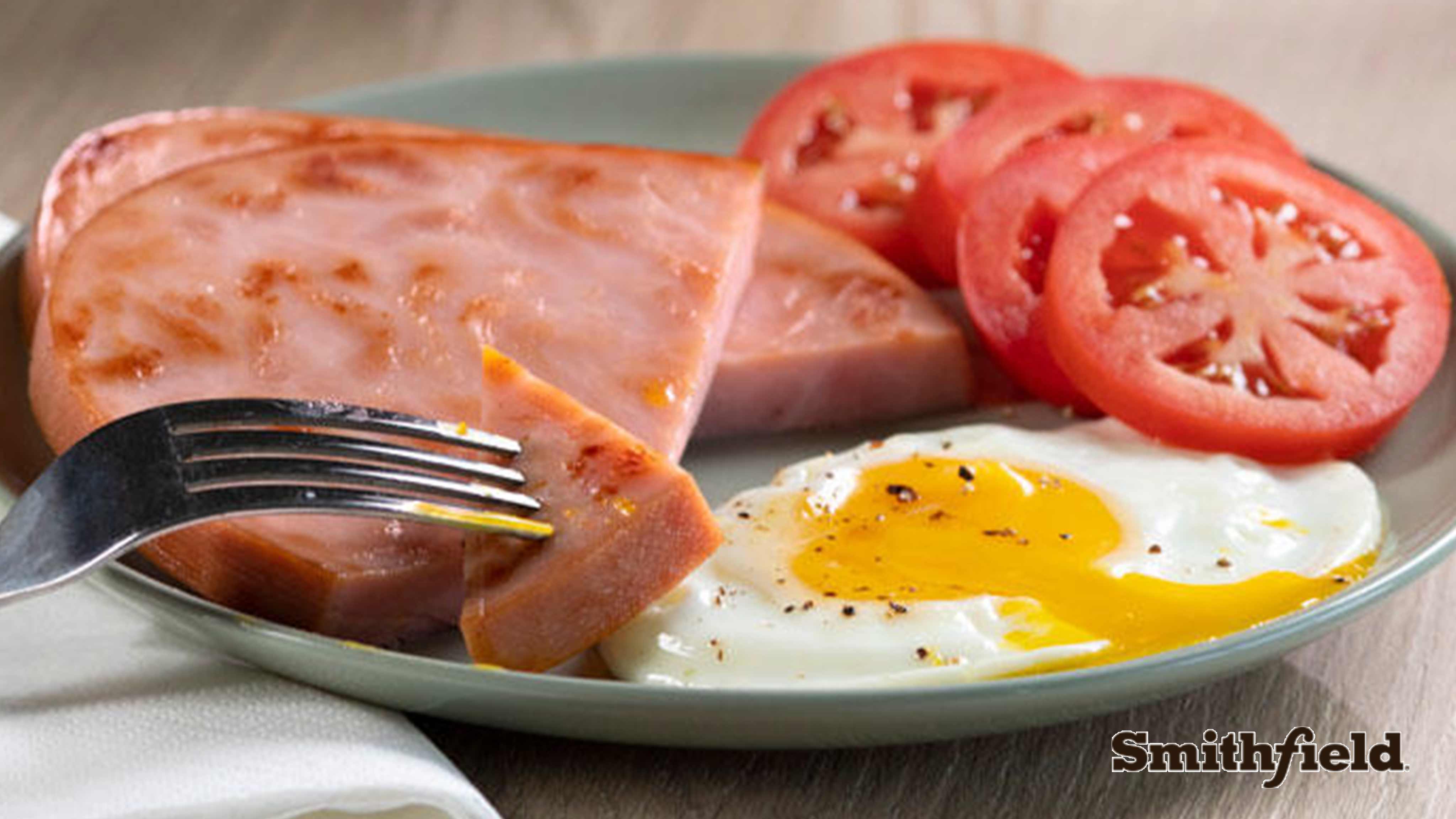 Image for Recipe Fried Ham Steak, Eggs and Tomatoes (KETO). 