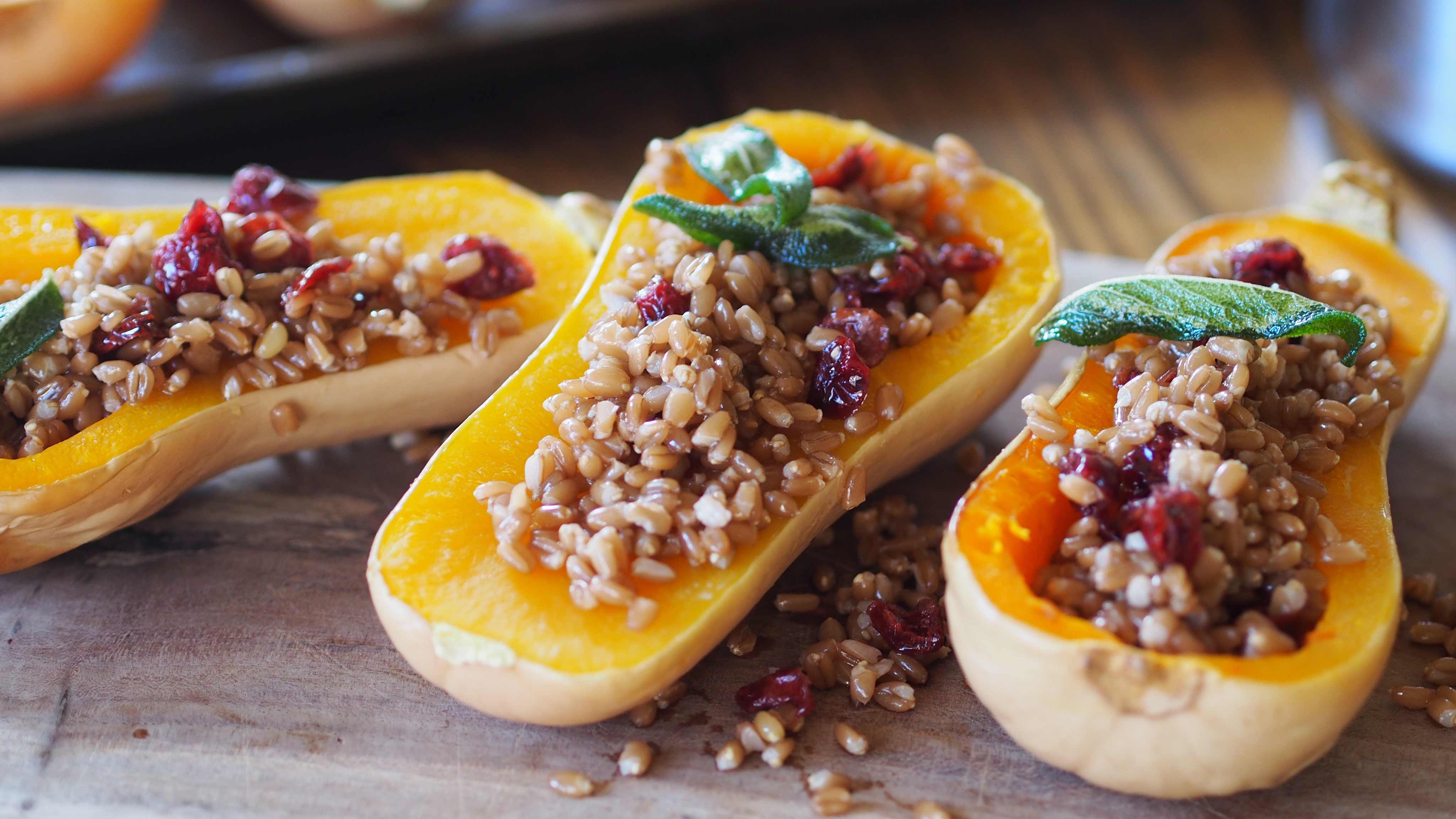 Image for Recipe Farro-Stuffed Butternut Squash with Brown Butter Sage Sauce