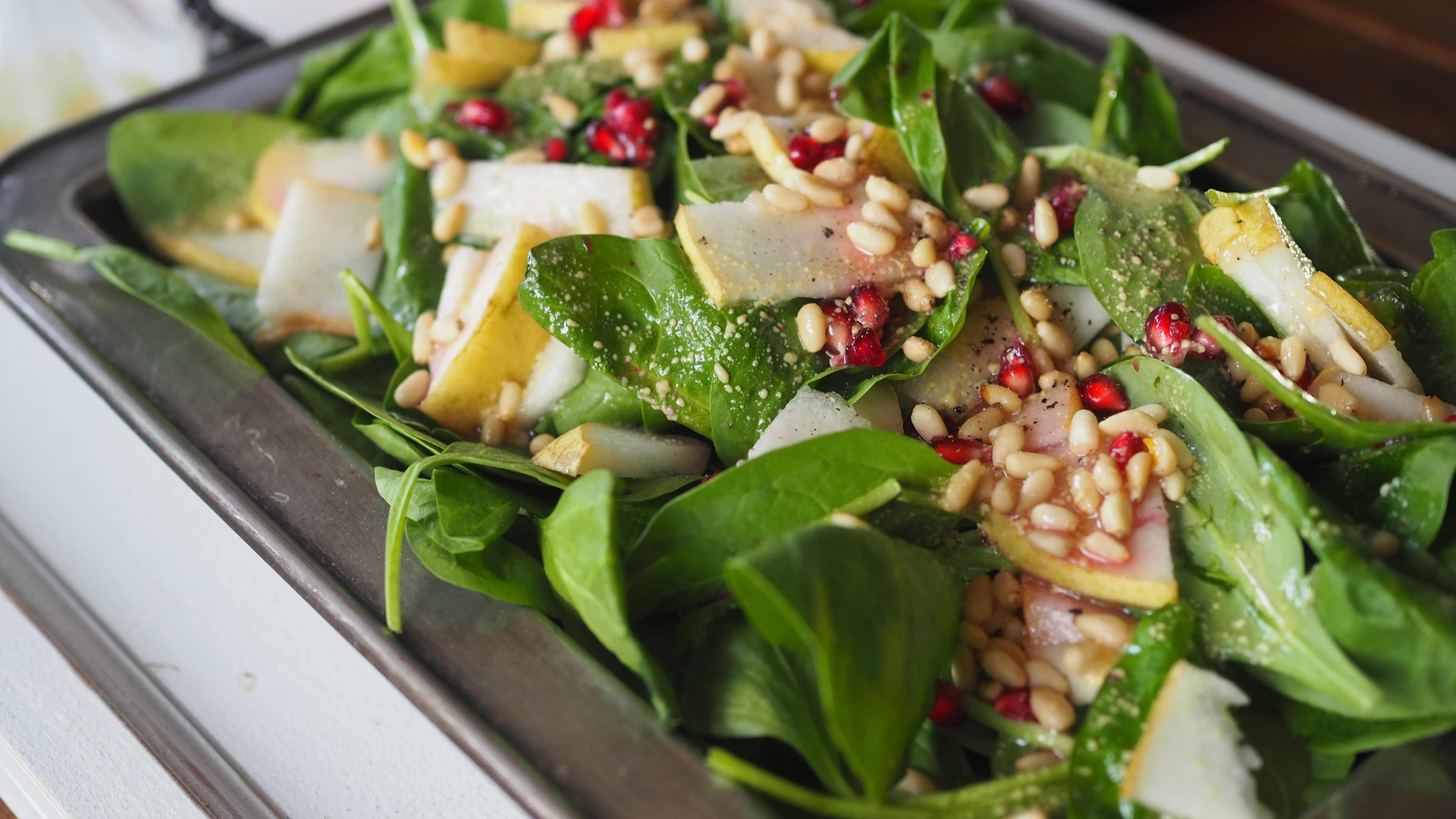 Image for Recipe Baby Spinach, Pear, and Pomegranate Salad with Mustard Vinaigrette